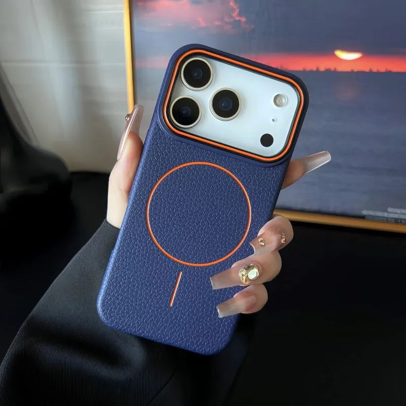 Black TPU phone case with embossed litchi pattern and magnetic ring for iPhone 17 Pro Max