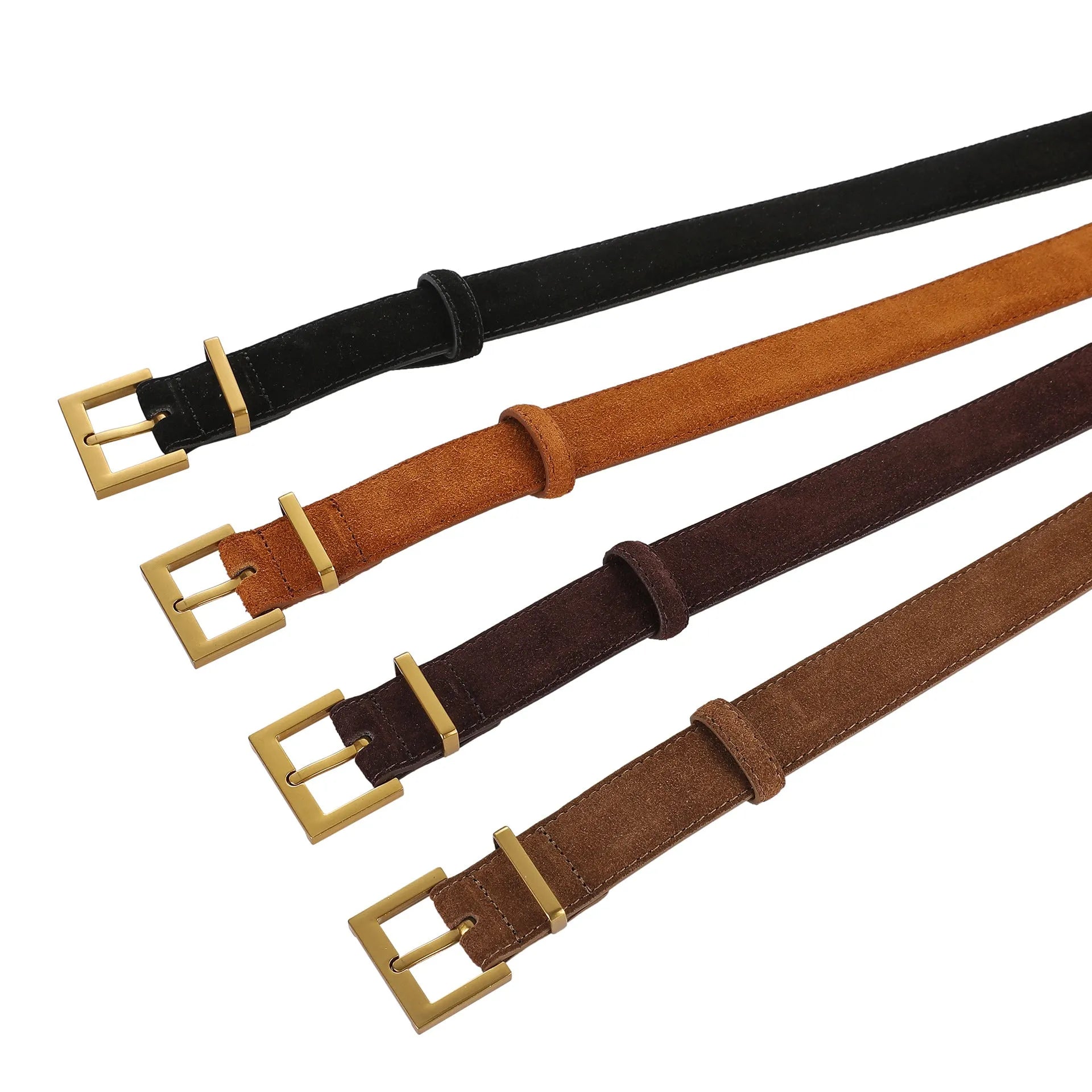 Women's black leather belt with a silver alloy pin buckle on a white background.
