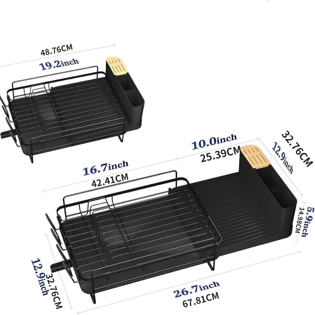 Modern foldable carbon steel dish drain rack for cutlery and cups on a wall.