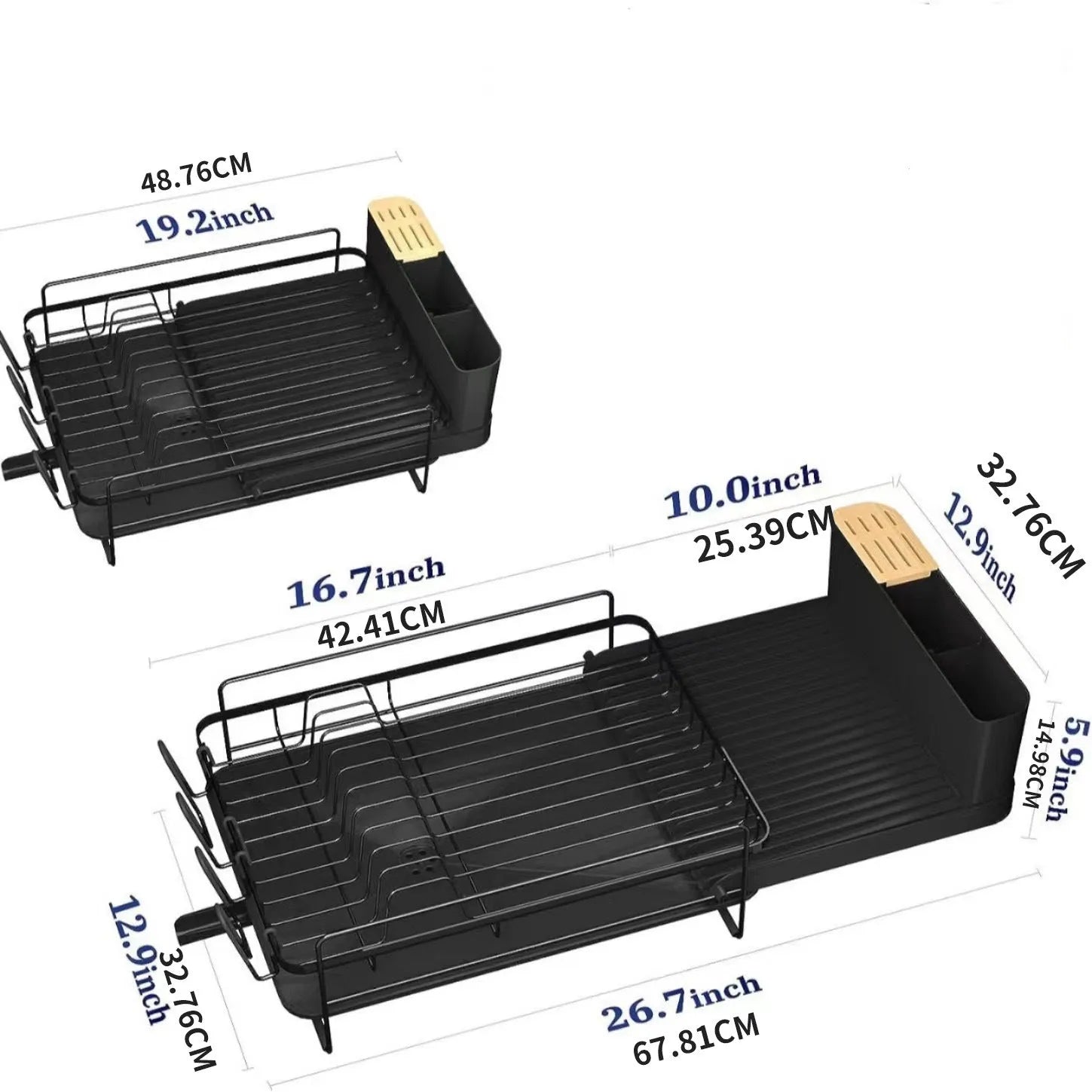 Modern foldable carbon steel dish drain rack for cutlery and cups on a wall.