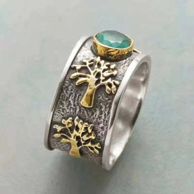 Light green vintage-style ring with geometric lucky tree and constellation design in alloy and artificial gemstone.