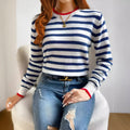 Sapphire blue striped acrylic pullover sweater with loose fit and round neck