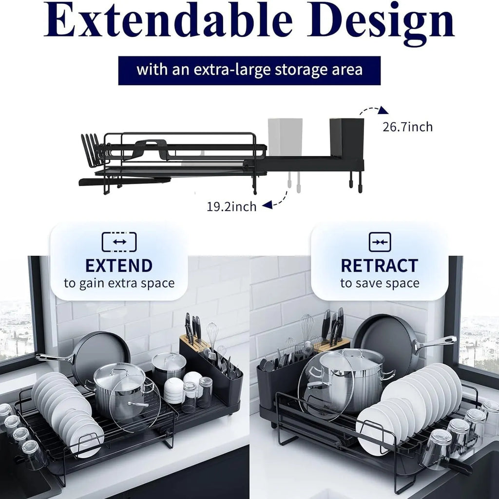 Modern foldable carbon steel dish drain rack for cutlery and cups on a wall.