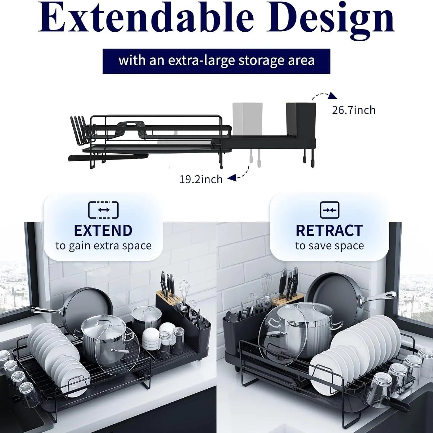 Modern foldable carbon steel dish drain rack for cutlery and cups on a wall.