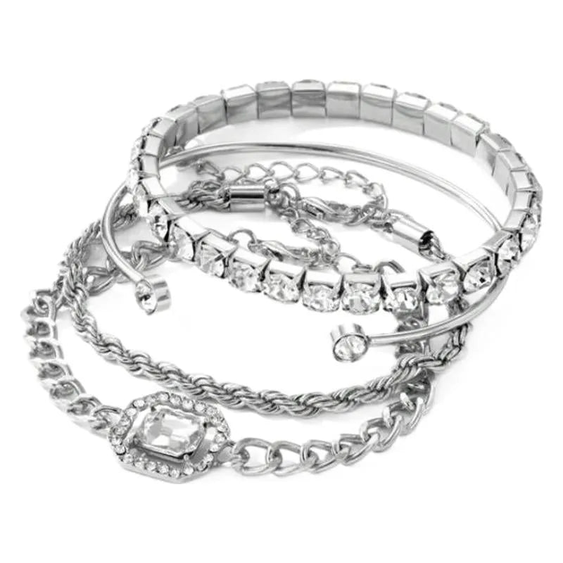 Women's four-piece alloy bracelet set with retro geometric square diamond design in gold and silver colour options