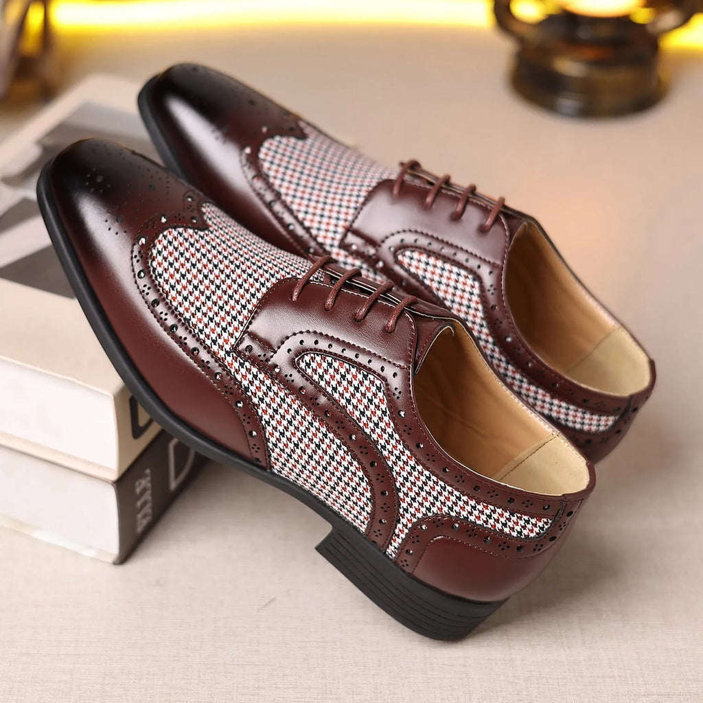 Men's black houndstooth plaid canvas casual lace-up shoes with a square toe and rubber sole.