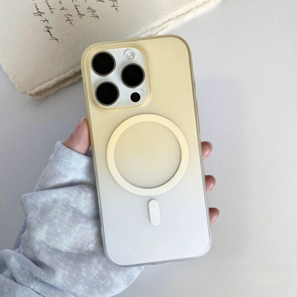 Gradient coloured frosted magnetic suction iPhone case showing ultra-thin PC construction