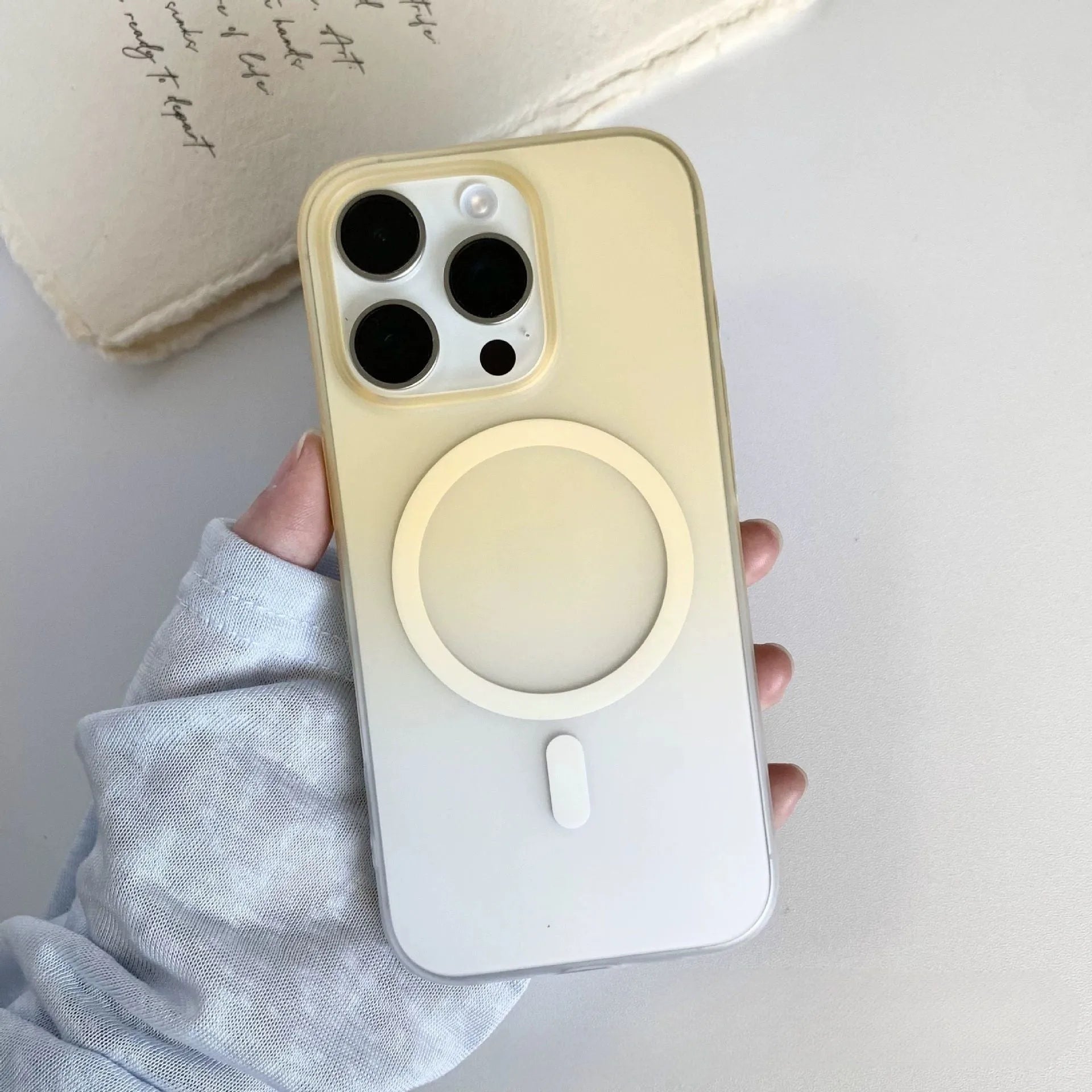Gradient coloured frosted magnetic suction iPhone case showing ultra-thin PC construction