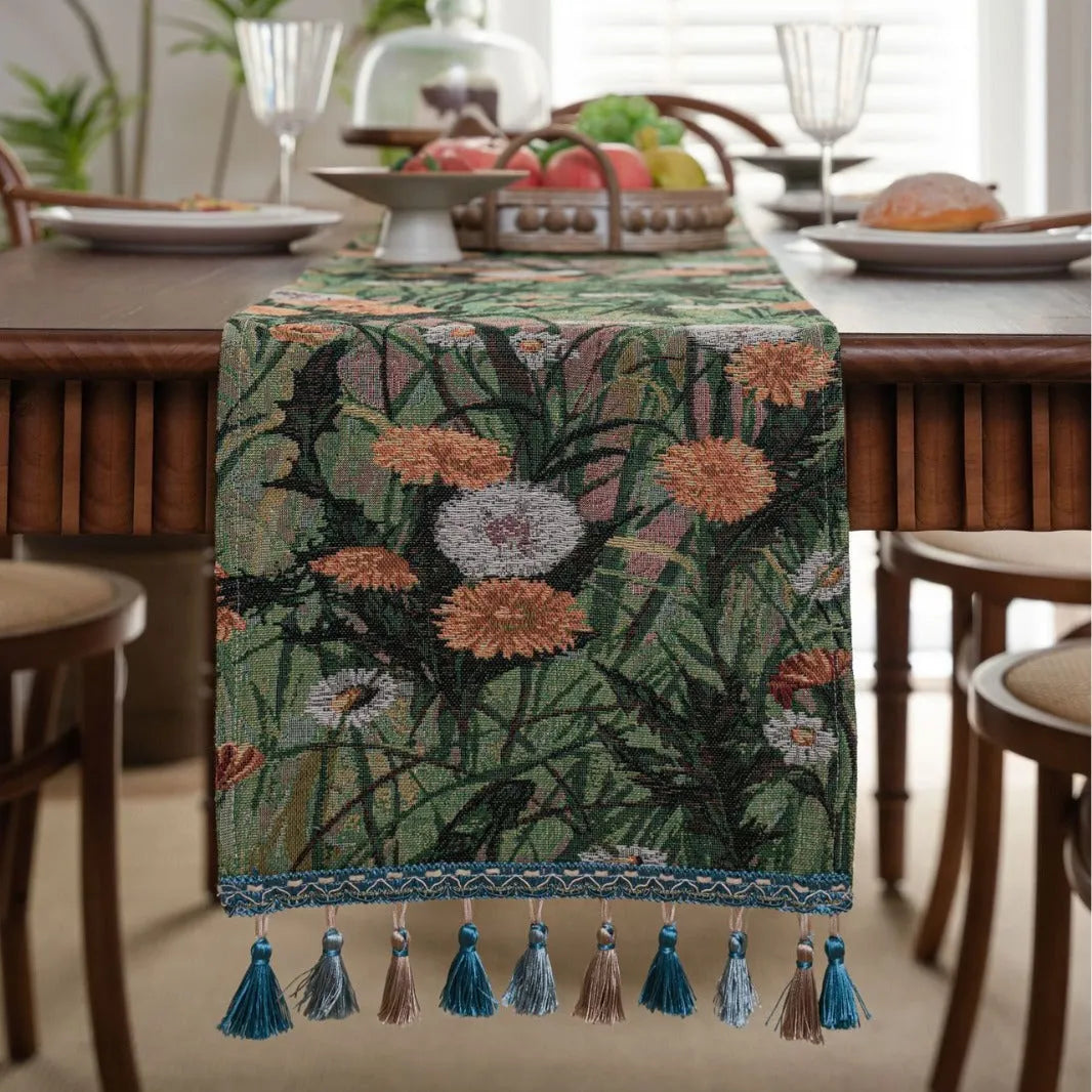 American-style long tassel table runner with Jacquard floral pattern on a table