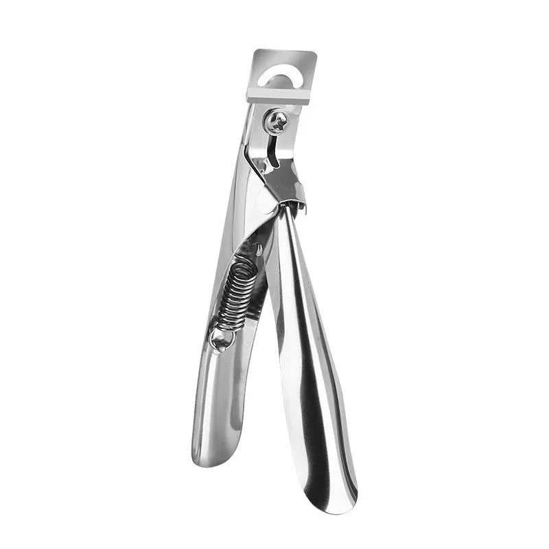 Stainless steel nail art scissors with curved French U-shaped blades shown in electrophoresis black finish.