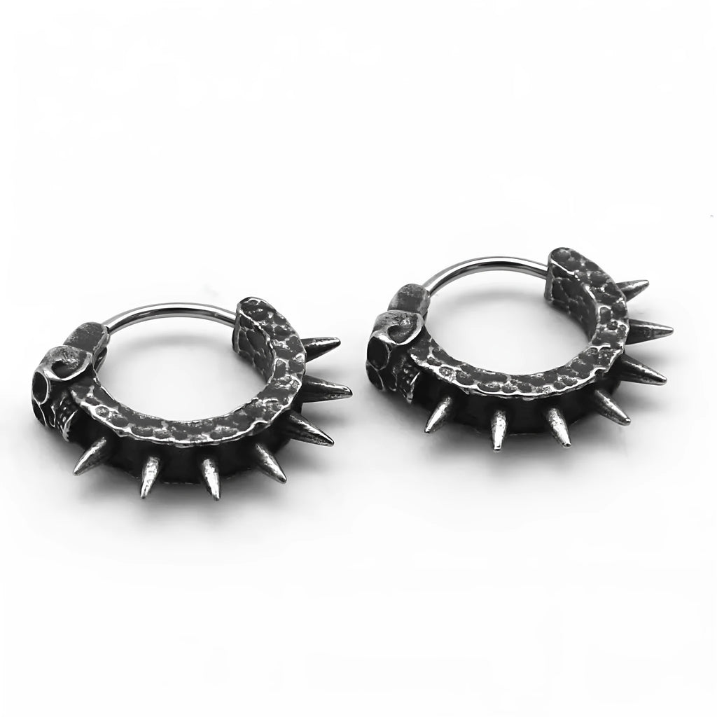 Black geometric alloy earrings with a punk motorcycle theme on a white background