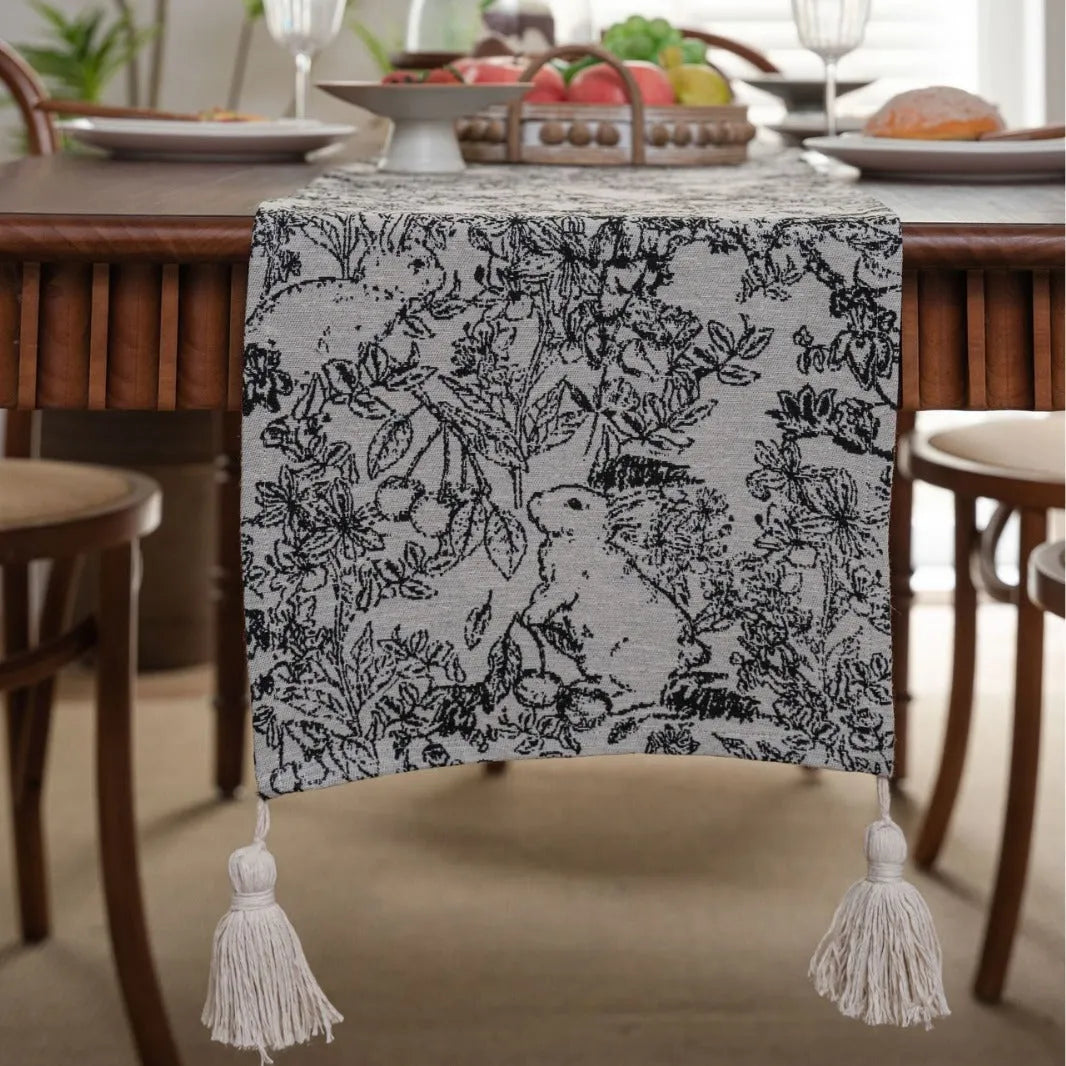 American-style long tassel table runner with Jacquard floral pattern on a table