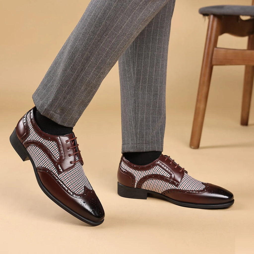 Men's black houndstooth plaid canvas casual lace-up shoes with a square toe and rubber sole.