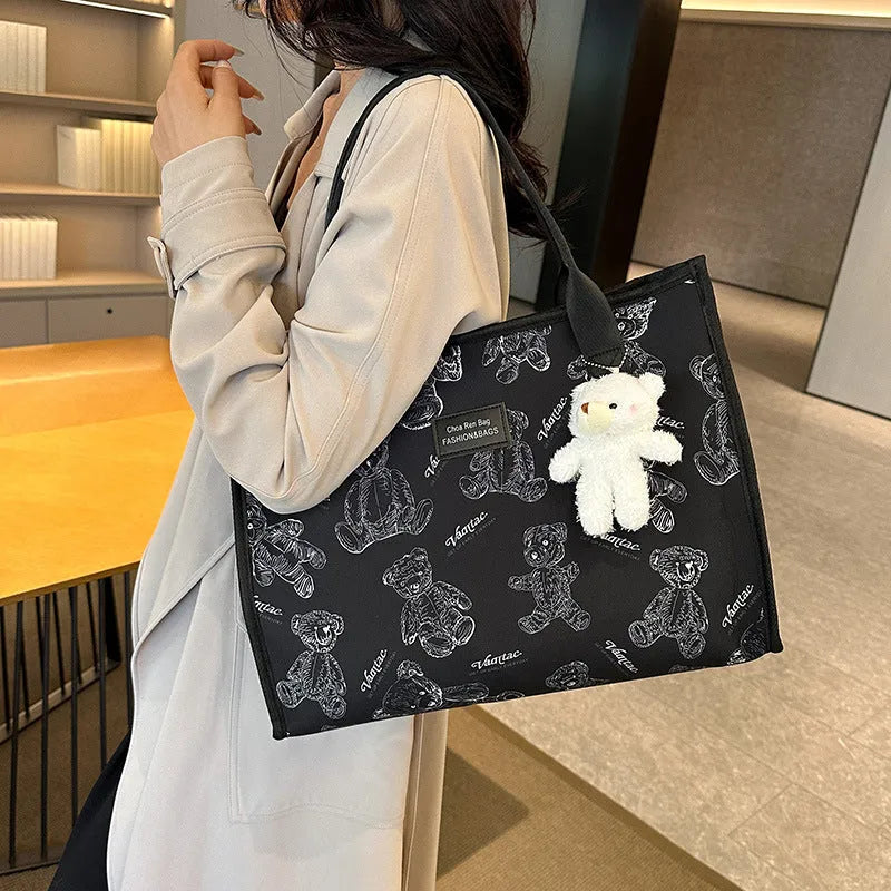 Women's black and white rhombus pattern printed canvas tote bag with large capacity