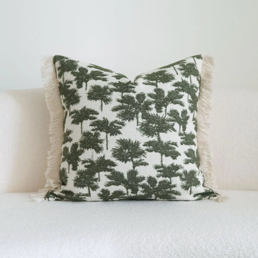Green decorative hotel pillow set with striped and leafy patterns, shown with a matching pillow core.