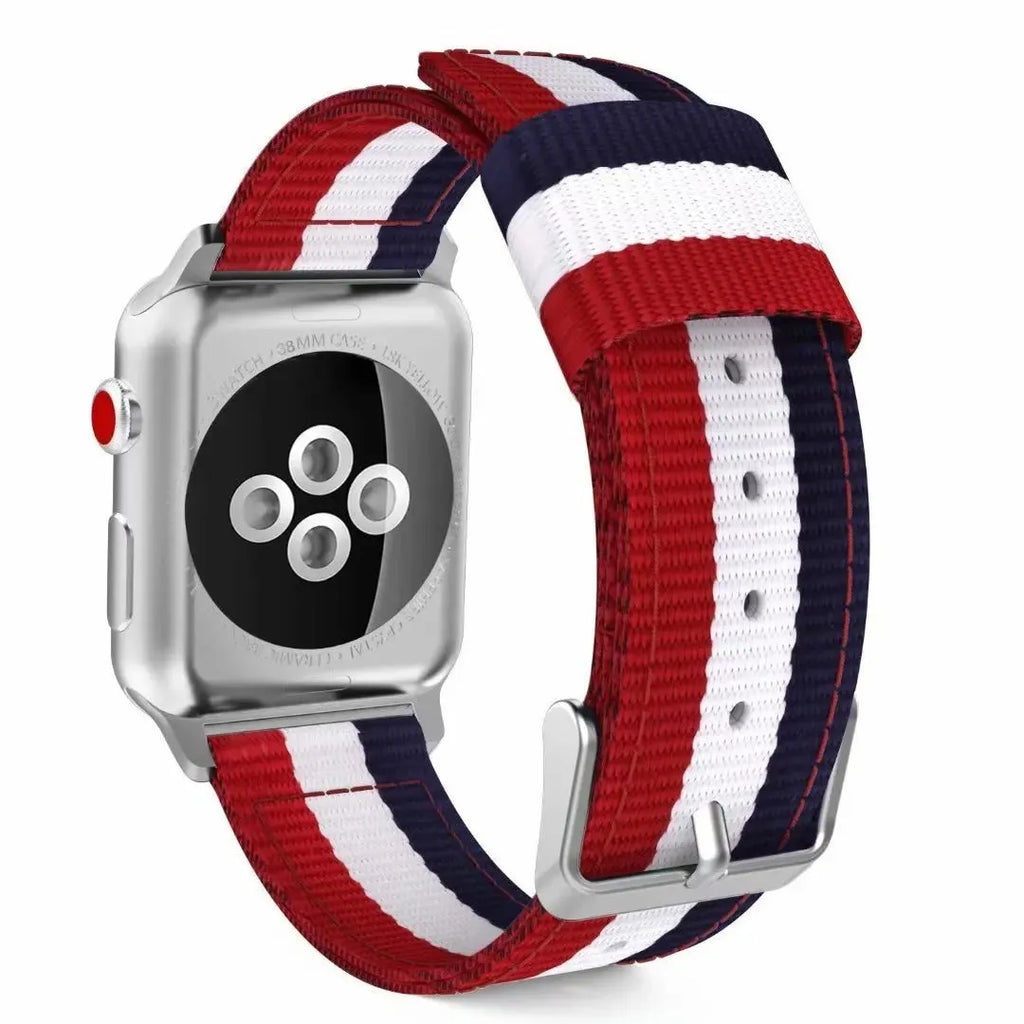 Split nylon woven canvas watchband for Apple Watch in rainbow colour, fits 38mm to 49mm cases