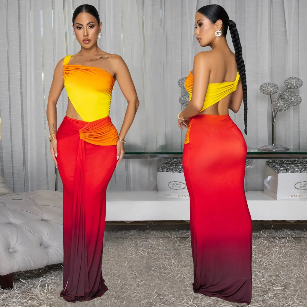 Women's gradient colour cross-shoulder maxi dress with high waist and long skirt