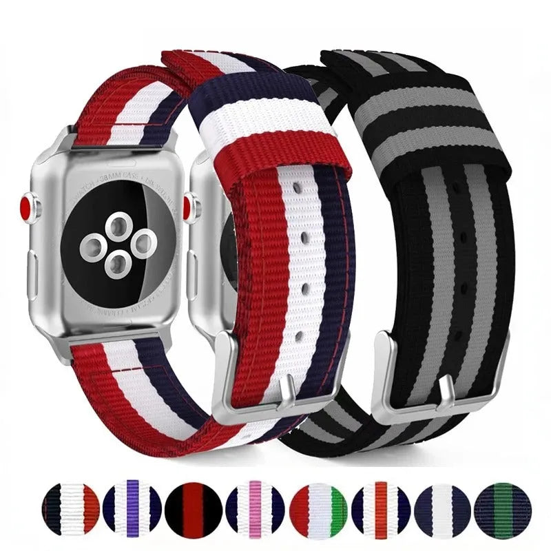 Split nylon woven canvas watchband for Apple Watch in rainbow colour, fits 38mm to 49mm cases