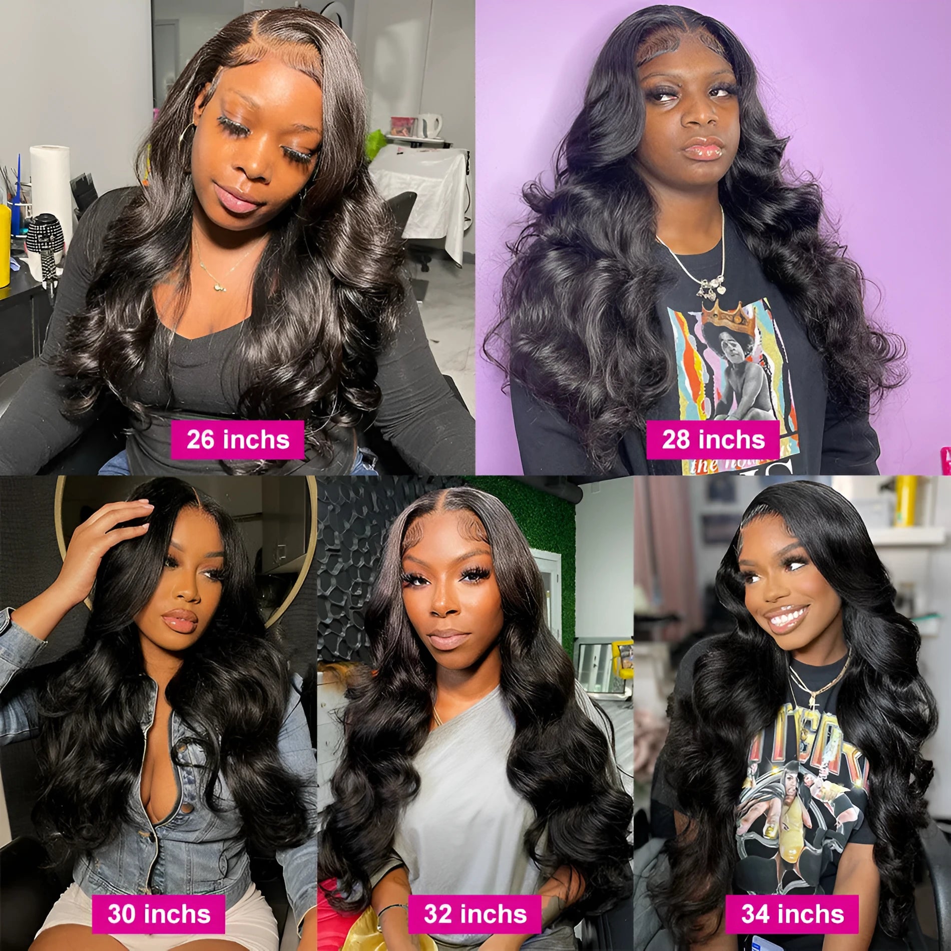 Black long curly synthetic wig with side bangs and a front lace hairline.