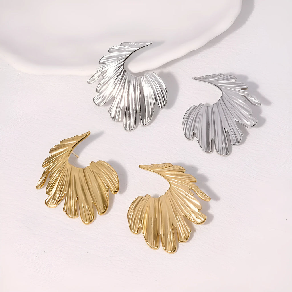 Stainless steel leaf stud earrings with gold or steel colour electroplated finish