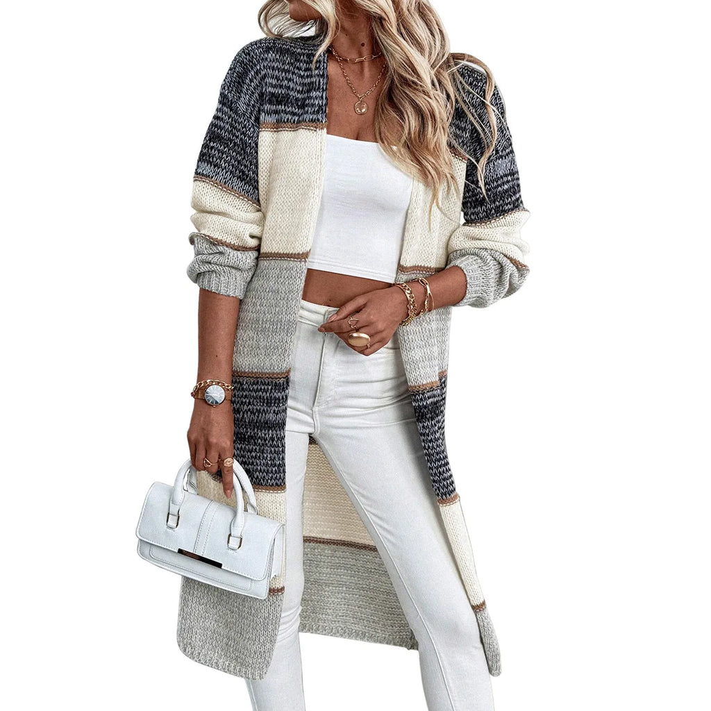 Grey striped women's long cardigan with loose fit and knitted construction
