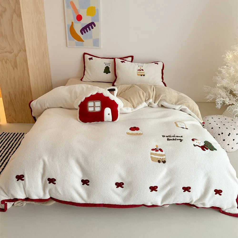 Winter-themed cartoon bedding four-piece set in polyester fabric with cashmere pattern design