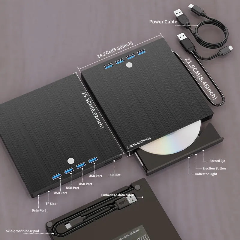 Black external USB DVD burner with tray loading and 8MB cache, plastic body, 0.36kg