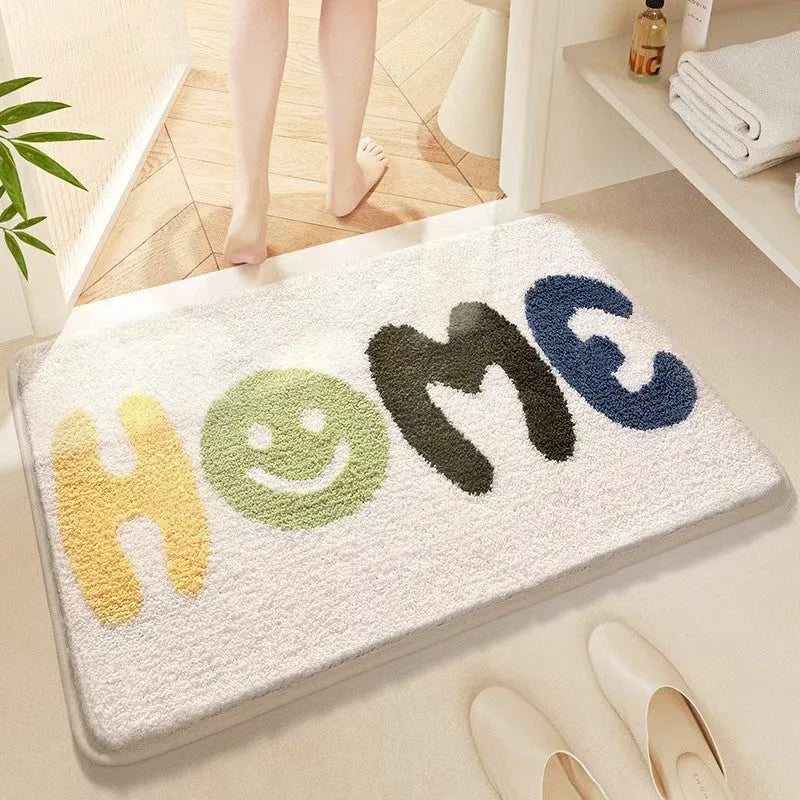 Rainbow patterned Sky Sea coloured square polyester floor mat with plastic bottom.