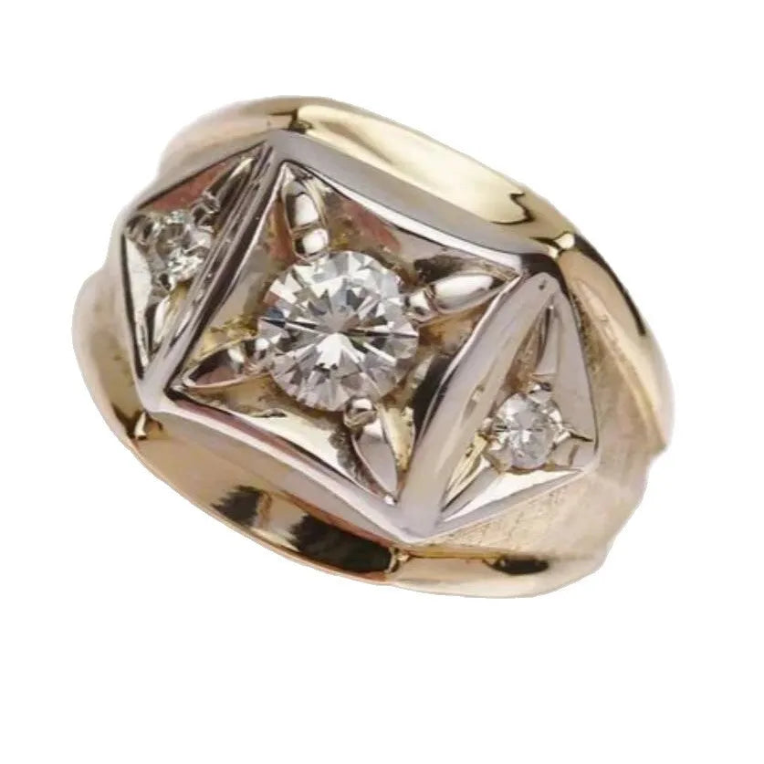 A pair of wide face geometric hollow design couple rings in gold plating on a solid copper base.