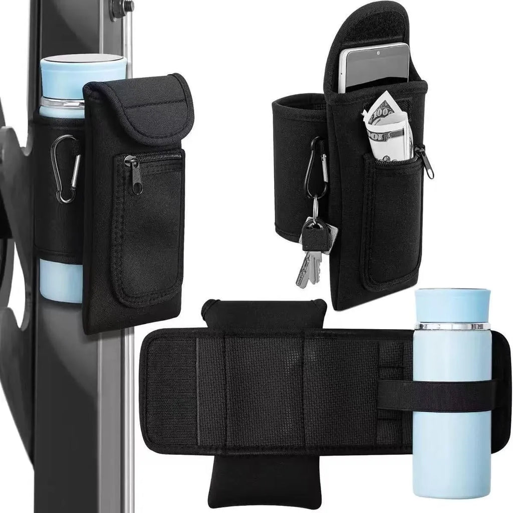 Fitness water bottle sleeve with magnetic closure in lake blue, holding a large cup.