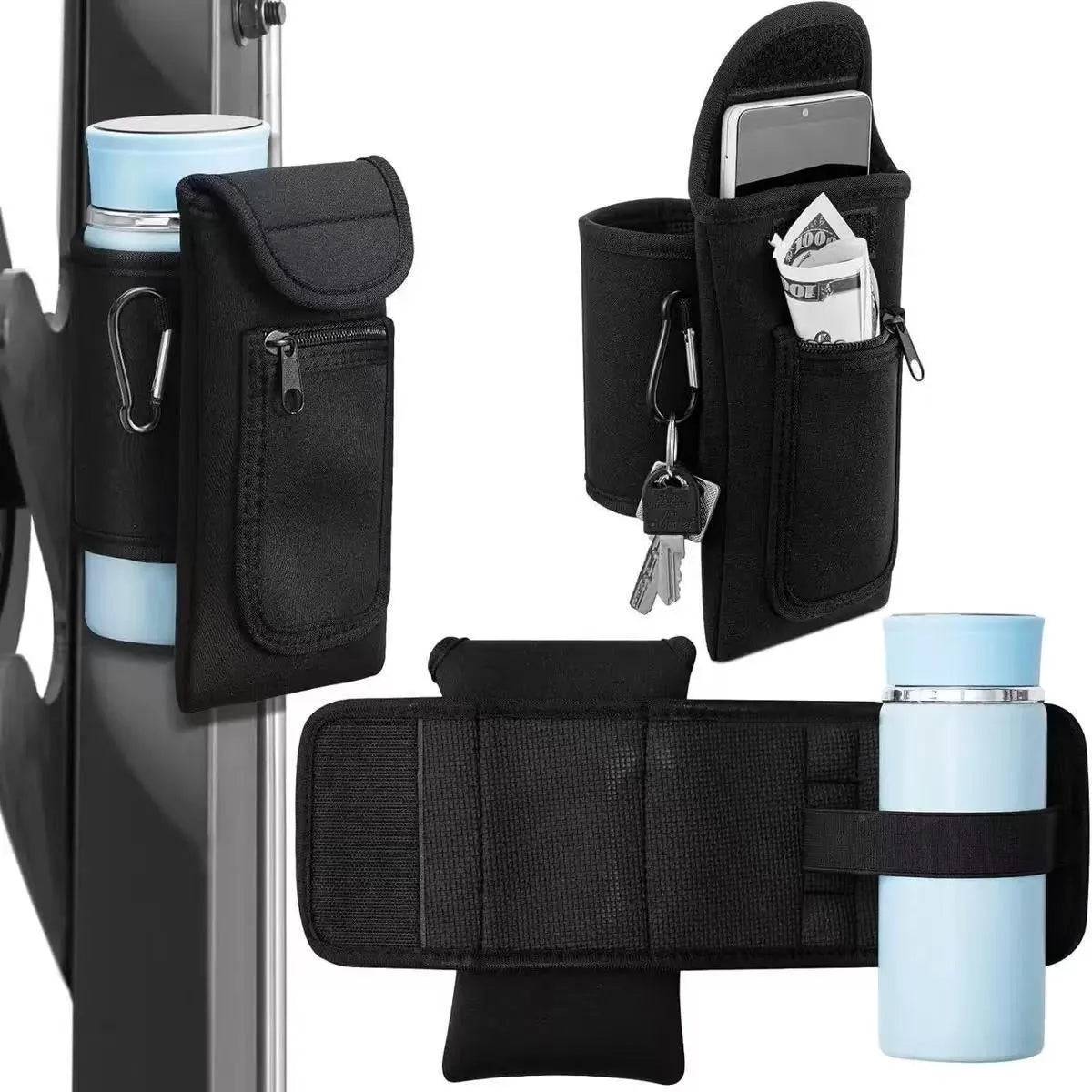 Fitness water bottle sleeve with magnetic closure in lake blue, holding a large cup.