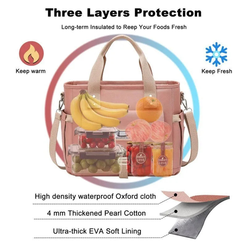 Insulated cube-shaped picnic bag with a removable shoulder strap and a side pocket, shown in pink colour.