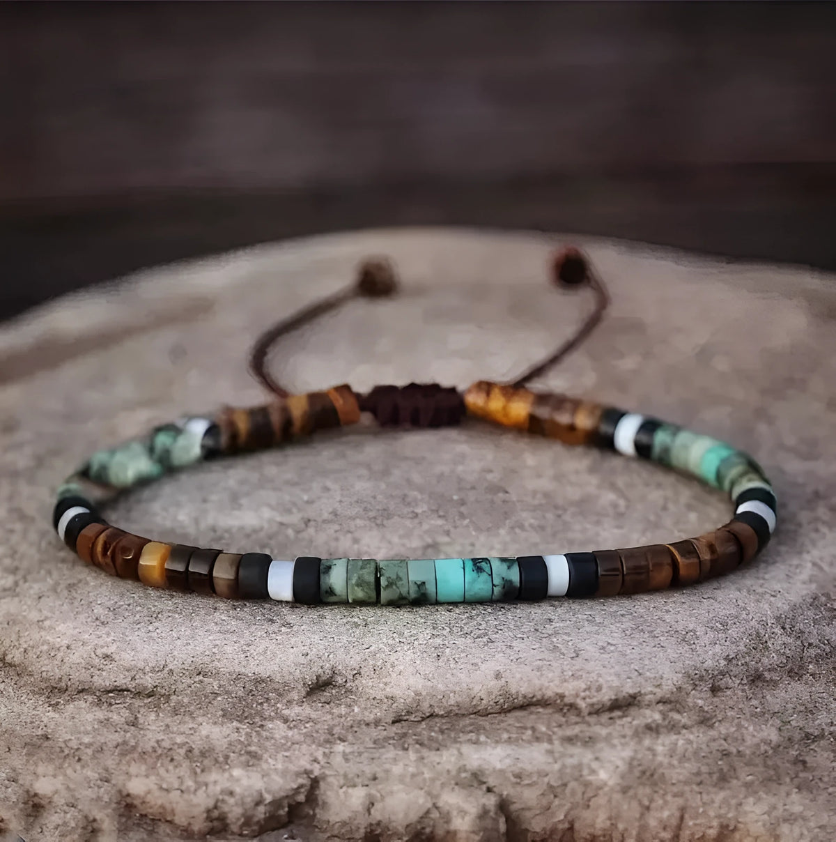 Tigereye and turquoise cylindrical flat bead women's bracelet, hand-woven with geometric bamboo joint texture
