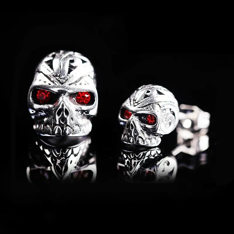 Retro skull stud earrings with red eye ghost head design on alloy base