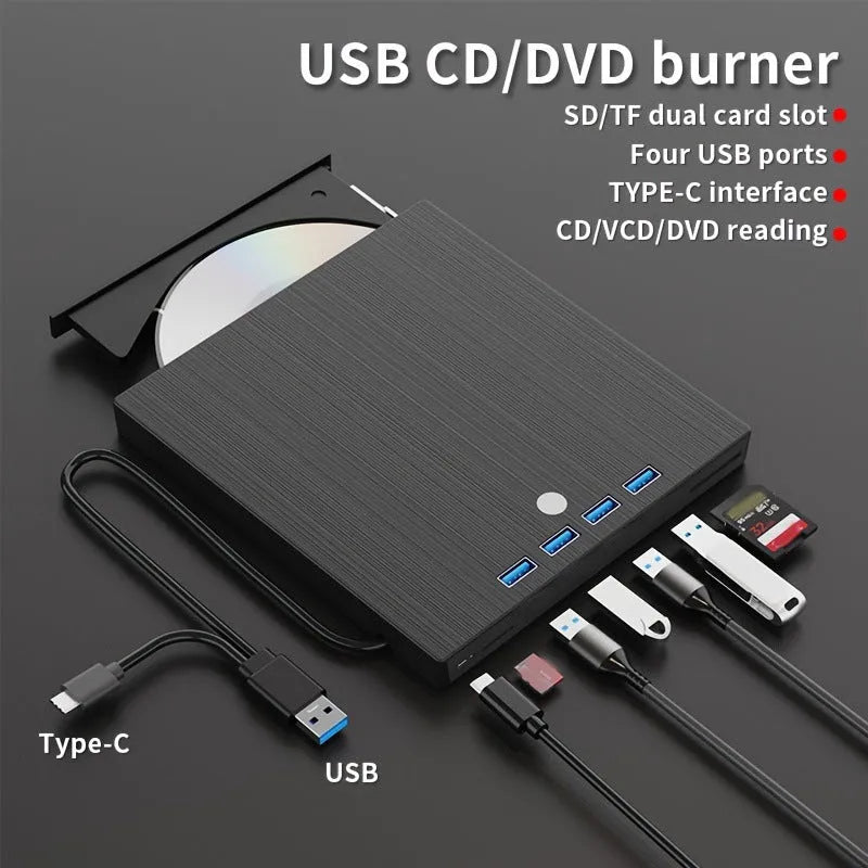 Black external USB DVD burner with tray loading and 8MB cache, plastic body, 0.36kg