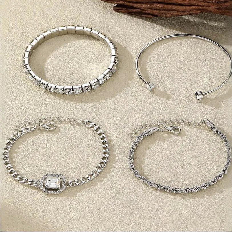 Women's four-piece alloy bracelet set with retro geometric square diamond design in gold and silver colour options