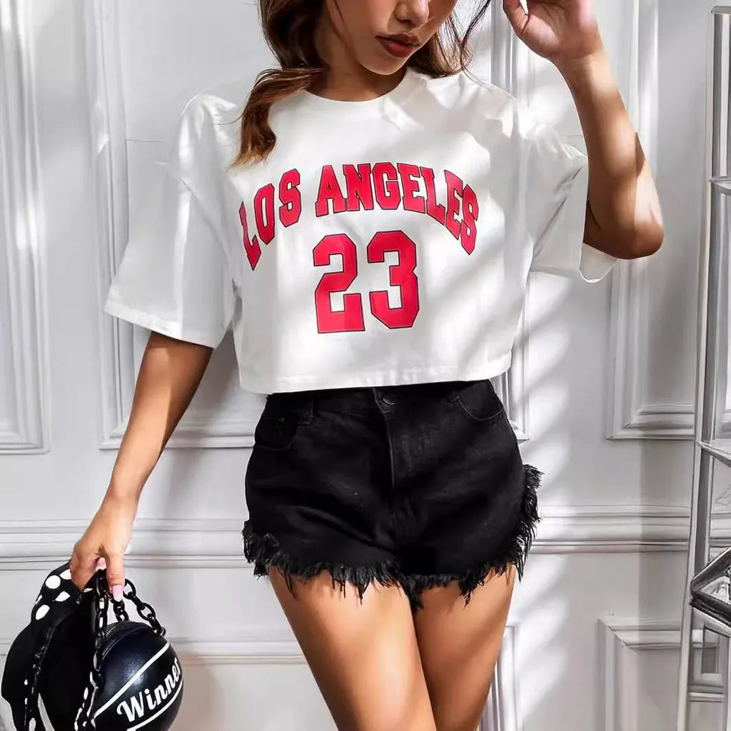 Black loose-fit cotton t-shirt with white printed English letters and an exposed navel design.