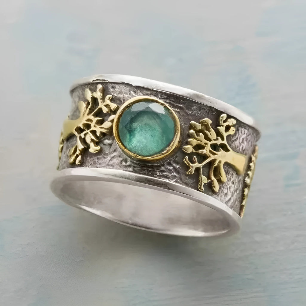 Light green vintage-style ring with geometric lucky tree and constellation design in alloy and artificial gemstone.