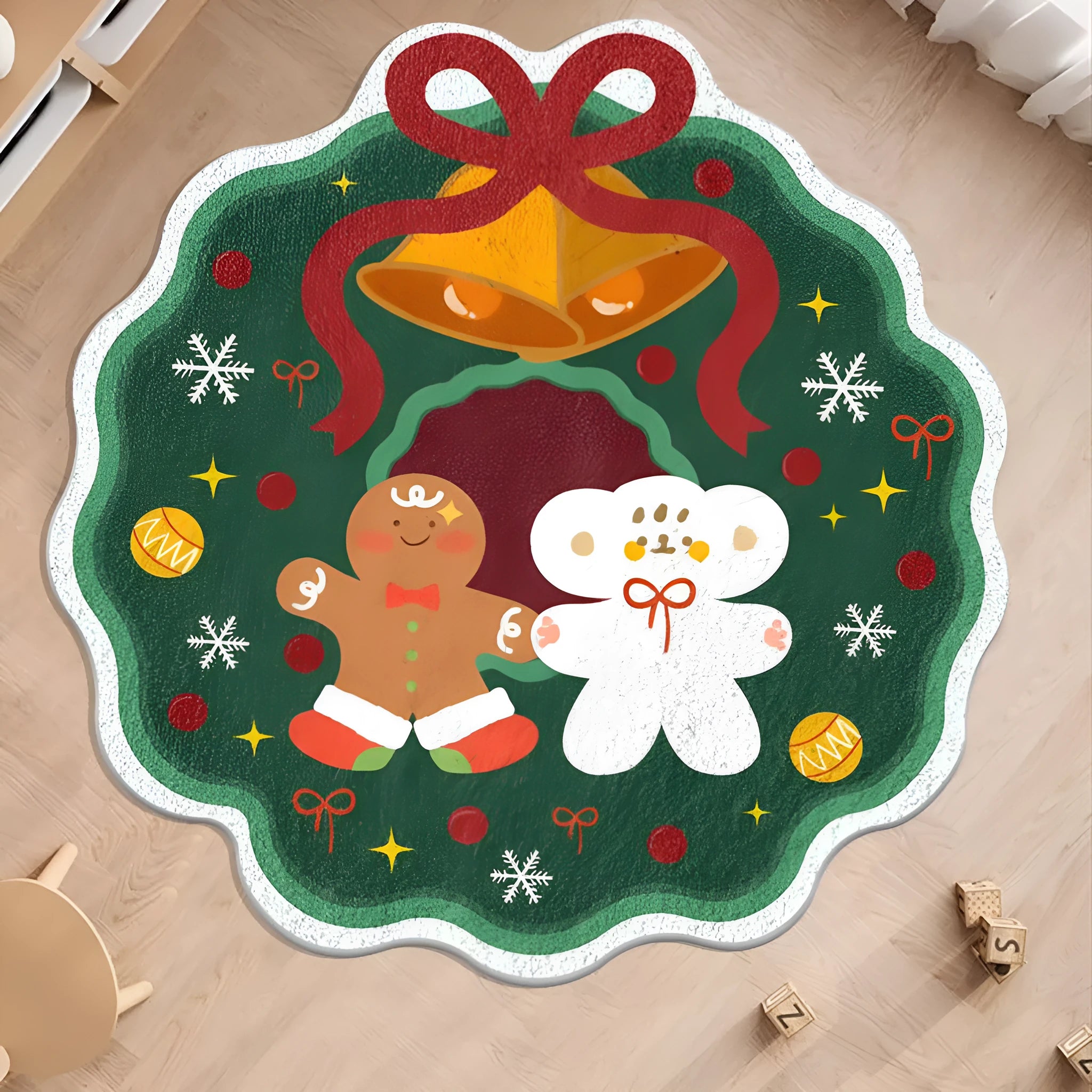 Round alien-shaped Christmas floor mat in imitation cashmere with festive gingerbread man design.