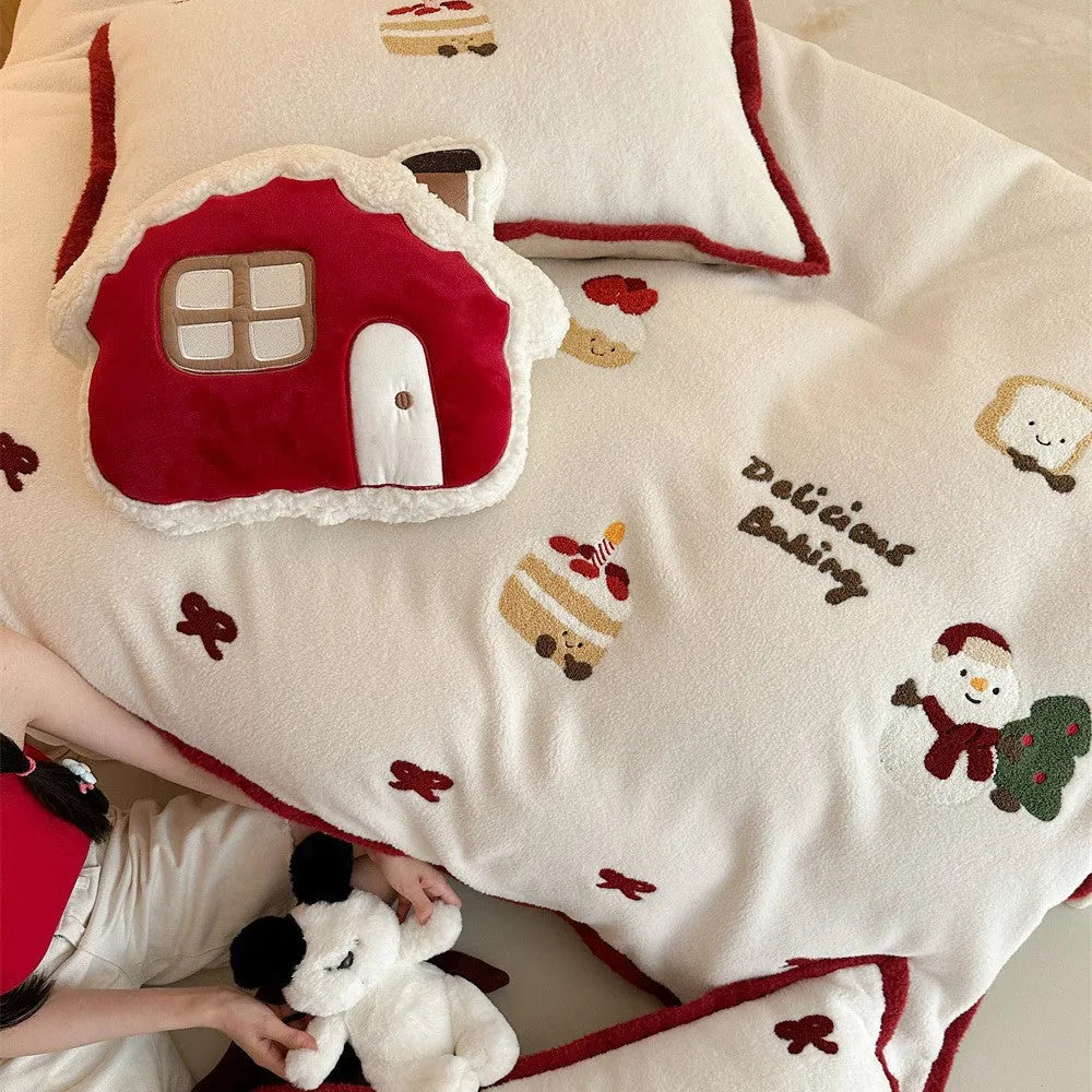 Winter-themed cartoon bedding four-piece set in polyester fabric with cashmere pattern design