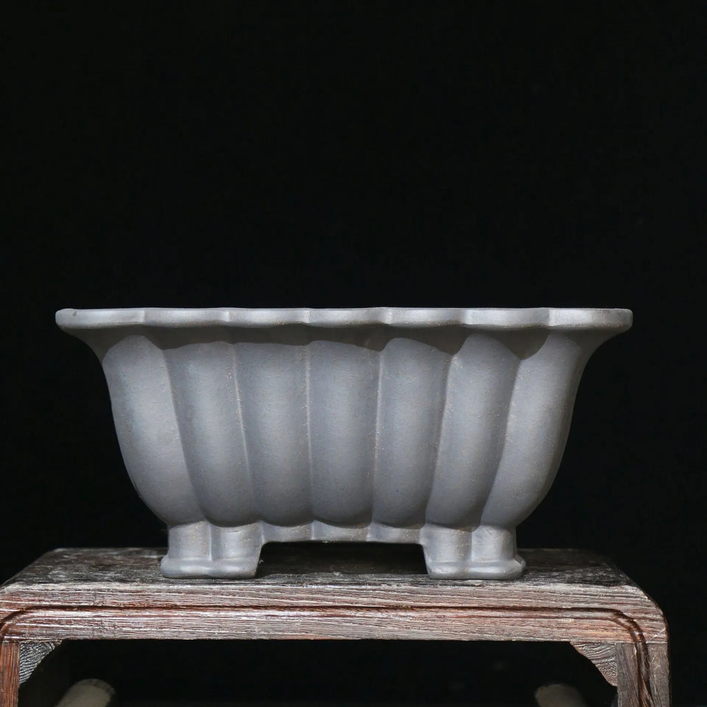 Purple sand ceramic square bonsai pot with classical styling and warp device detailing