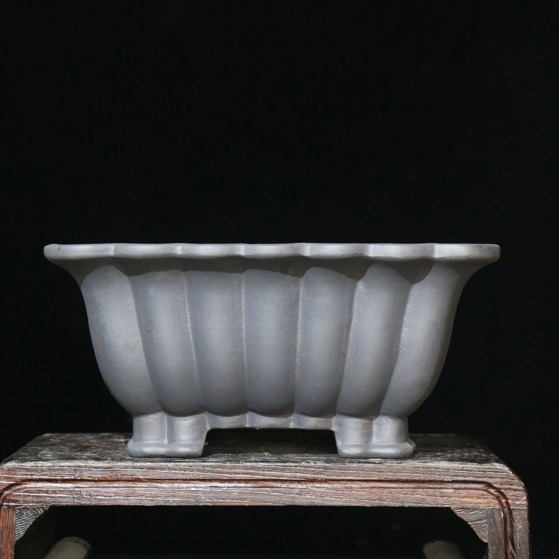 Purple sand ceramic square bonsai pot with classical styling and warp device detailing