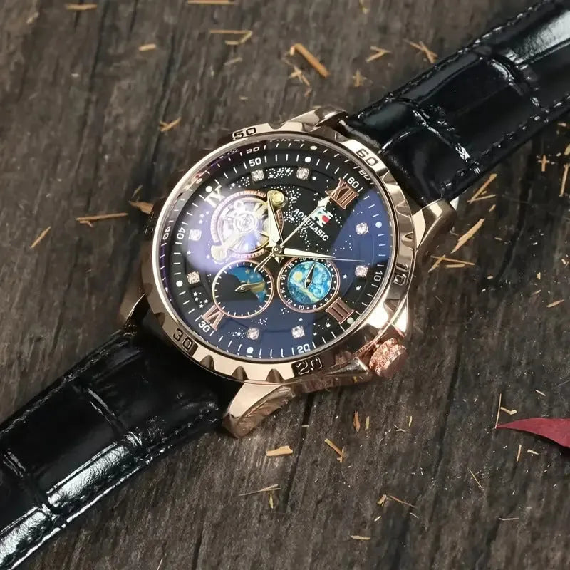 Large dial automatic mechanical watch with rose gold shell and black leather strap