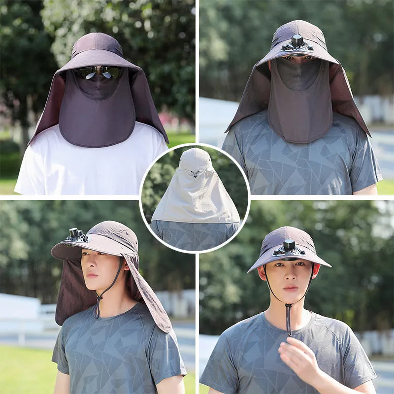 Men's navy blue sun protection hat with USB rechargeable fan and face covering shawl for fishing and outdoor activities
