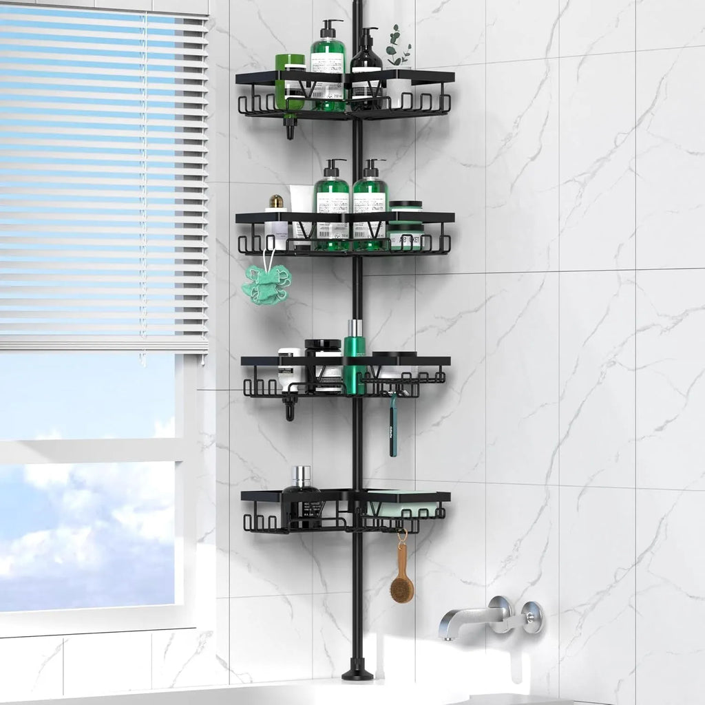 Retractable bathroom storage rack with four layers in stainless steel and iron construction