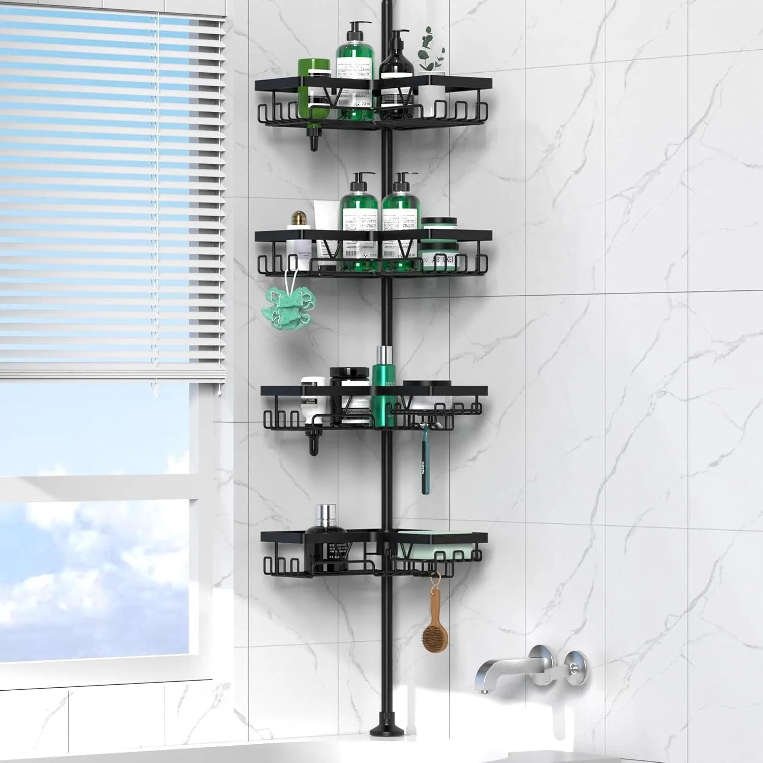 Retractable bathroom storage rack with four layers in stainless steel and iron construction