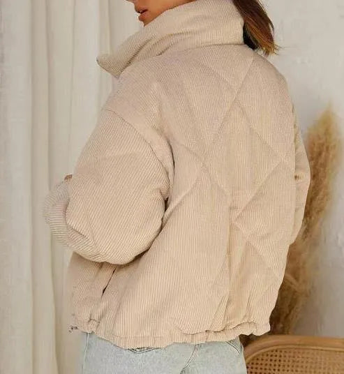 Women's apricot corduroy zipper jacket with stand collar and wadded construction