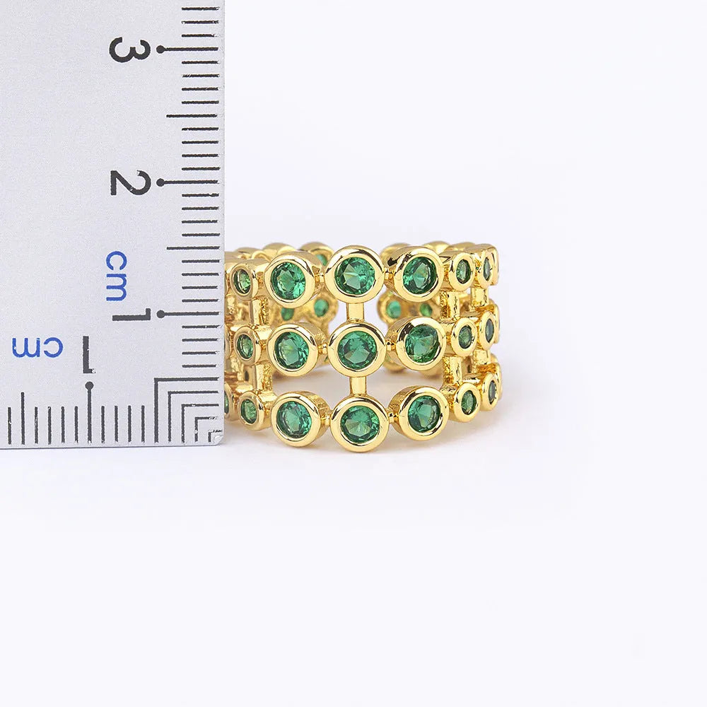 Three-layer exaggerated green full zircon wide ring with copper base and 18K real gold plating