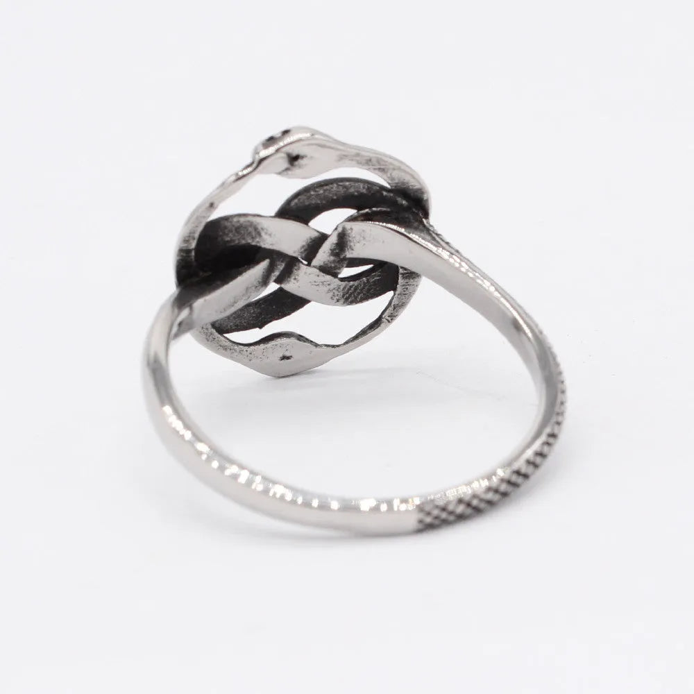 A titanium steel men's snake ring in steel colour showing a detailed twisted retro design on a finger.