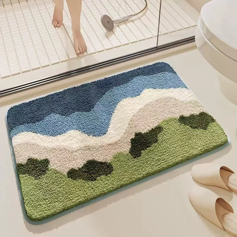 Rainbow patterned Sky Sea coloured square polyester floor mat with plastic bottom.